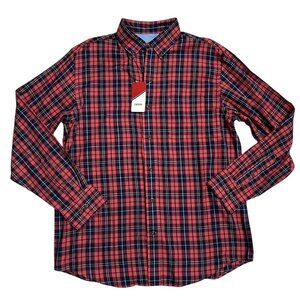 Izod Men's Size M Long Sleeve Cotton Blend Button Front Shirt Red Navy Plaid NWT